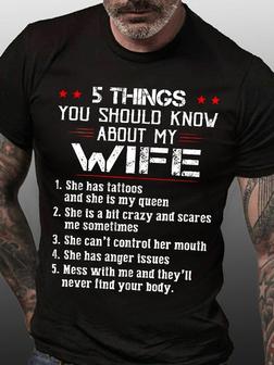 Men's 5things You Should Know A About My Wifeinfluence Funny Graphic Print Regular Fit Text Letters T-shirt - Seseable