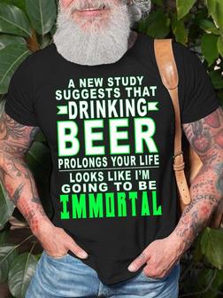 Men's Drinking Beer Going To Be Immortal Funny Casual Text Letters Crew Neck T-shirt - Seseable