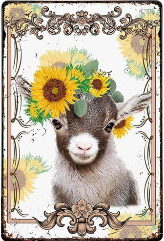 Vintage Cute Goat Sunflower Metal Plaque Poster Plaque Wall Decor Gift For Bathroom Restaurant Farm Bedroom Cafe School Retro Metal Tin Sign - Thegiftio UK