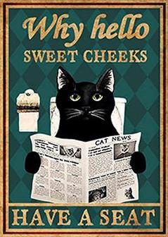 Vintage Wall Poster Metal Plaque, Why Hello Sweet Cheeks Have A Seat, Black Cat Cat Metal Wall Poster, Funny Cat Wall Art, Funny Bathroom Metal Tin Sign Wall Decor - Thegiftio UK