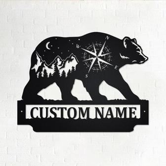 Custom Bear And Mountains Landscape Metal Wall Art, Personalized Bear Name Sign Decoration For Room, Bear Metal Home Decor, Custom Bear - Thegiftio UK