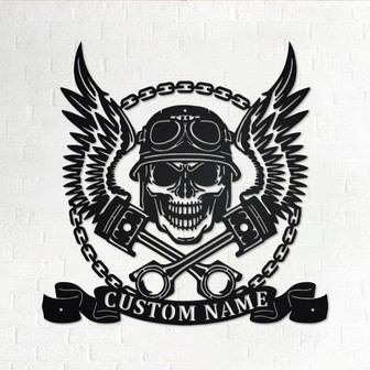 Custom Biker Skull With Wings And Pistons Metal Wall Art, Personalized Biker Name Sign Decoration For Room, Biker Home Decor, Custom Biker - Thegiftio UK