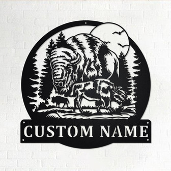 Custom Bison In Forest Metal Wall Art, Personalized Bison Name Sign Decoration For Room, Bison Home Decor, Custom Bison In Forest, Bison - Thegiftio UK