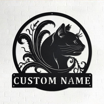 Custom Black Cat Floral Metal Wall Art, Personalized Black Cat Name Sign Decoration For Room, Black Cat Home Decor, Custom Black Cat Floral - Thegiftio UK