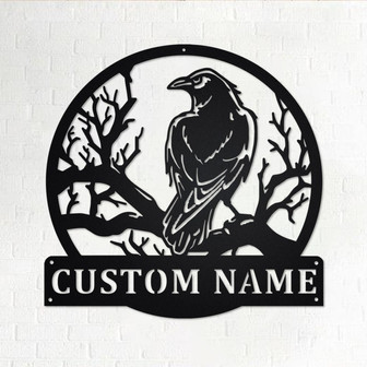 Custom Black Crow Sitting Night On Tree Metal Wall Art, Personalized Black Crow Name Sign Decoration For Room, Black Crow Home Decor - Thegiftio UK