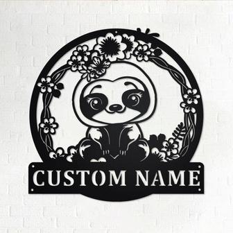 Custom Cute Floral Sloth Metal Wall Art, Personalized Sloth Name Sign Decoration For Room, Sloth Home Decor, Custom Sloth, Cute Floral Sloth - Thegiftio UK