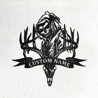Custom Deer Skull Bone Hunting Grim Reaper Metal Wall Art, Personalized Deer Hunting Name Sign Decoration For Room, Deer Hunting Home Decor - Thegiftio UK