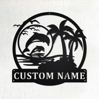 Custom Dolphin Scene Sunset Metal Wall Art, Personalized Dolphin Name Sign Decoration For Room, Dolphin Metal Home Decor, Custom Dolphin - Thegiftio