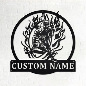 Custom Flaming Football Player Metal Wall Art, Personalized Football Player Name Sign Decoration For Room, Football Player Home Decor - Thegiftio