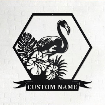 Custom Flamingo Tropical Flowers Metal Wall Art, Personalized Flamingo Name Sign Decoration For Room, Flamingo Metal Home Decor, Flamingo - Thegiftio