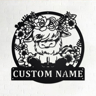 Custom Floral Highland Cow Metal Wall Art, Personalized Highland Cow Name Sign Decoration For Room, Highland Cow Metal Home Decor,Custom Cow - Thegiftio