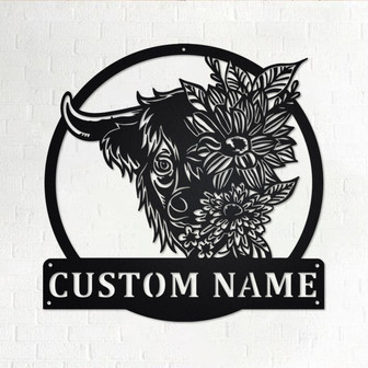 Custom Floral Highland Cow Metal Wall Art, Personalized Highland Cow Name Sign Decoration For Room, Highland Cow Home Decor , Highland Cow - Thegiftio