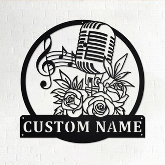 Custom Floral Microphone Metal Wall Art, Personalized Microphone Name Sign Decoration For Room, Microphone Metal Home Decor, Microphone - Thegiftio UK