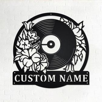 Custom Floral Music Turntable Record Metal Wall Art, Personalized Disc Jockey Name Sign Decoration For Room, DJ Metal Home Decor, Custom DJ - Thegiftio