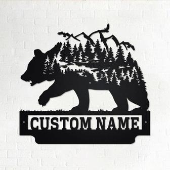 Custom Forest Mountain Bear Metal Wall Art, Personalized Bear Name Sign Decoration For Room, Bear Home Decor, Custom Bear, Bear Animal Lover - Thegiftio UK
