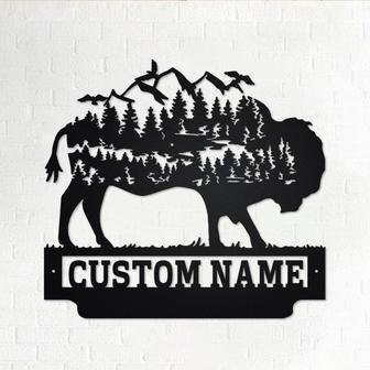 Custom Forest Mountain Bison Metal Wall Art, Personalized Bison Name Sign Decoration For Room, Bison Home Decor, Custom Bison, Bison Animal - Thegiftio UK