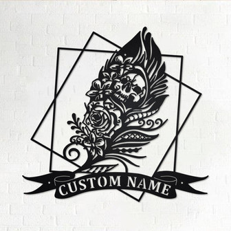 Custom Gothic Skull Feather Metal Wall Art, Personalized Gothic Skull Feather Name Sign Decoration For Room, Feather Metal Home Decor - Thegiftio