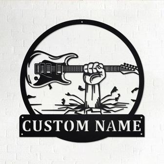 Custom Hand Holding Electric Guitar Metal Wall Art, Personalized Electric Guitar Name Sign Decoration For Room, Electric Guitar Home Decor - Thegiftio UK