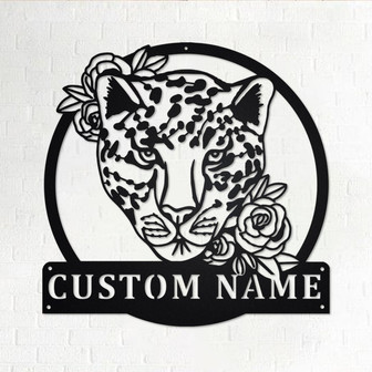 Custom Leopard With Flower Metal Wall Art, Personalized Leopard Name Sign Decoration For Room, Leopard Metal Home Decor, Custom Leopard - Thegiftio UK