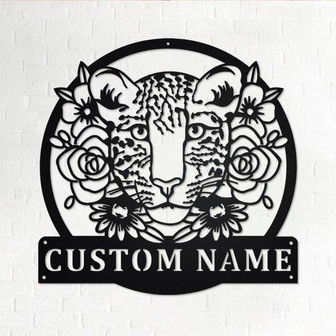 Custom Leopard With Flower Metal Wall Art, Personalized Leopard Name Sign Decoration For Room, Leopard Metal Home Decor, Custom Leopard - Thegiftio UK