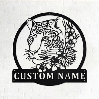 Custom Leopard With Flower Metal Wall Art, Personalized Leopard Name Sign Decoration For Room, Leopard Metal Home Decor, Custom Leopard - Thegiftio UK