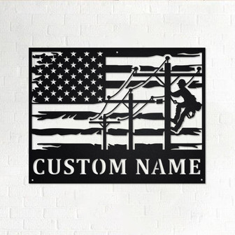 Custom Lineman USA Flag Round Metal Wall Art, Personalized Lineman Name Sign Decoration For Room, Lineman Home Decor, Custom Lineman,Lineman - Thegiftio