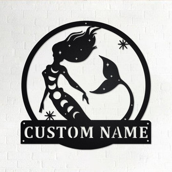 Custom Moon Mermaid Metal Wall Art, Personalized Moon Mermaid Name Sign Decoration For Room, Moon Mermaid Home Decor, Custom Moon Mermaid - Thegiftio