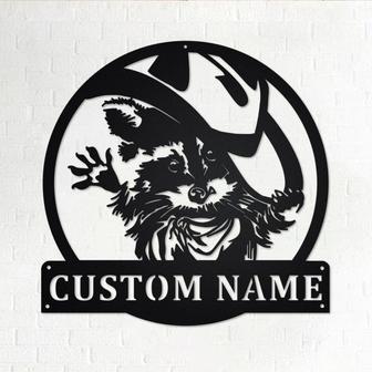 Custom Raccoon With Cowboy Hat Metal Wall Art, Personalized Raccoon Name Sign Decoration For Room, Raccoon Metal Home Decor, Custom Raccoon - Thegiftio UK