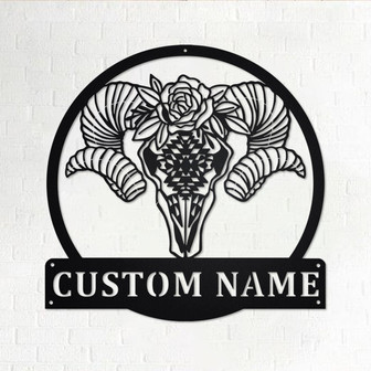Custom Ram Skull Flower Metal Wall Art, Personalized Ram Skull Name Sign Decoration For Room, Ram Skull Home Decor, Custom Ram Skull - Thegiftio UK