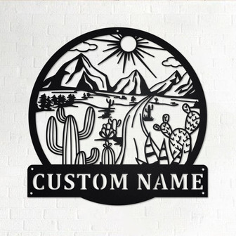 Custom Round Landscape With Cactus Metal Wall Art, Personalized Cactus Name Sign Decoration For Room, Cactus Metal Home Decor, Custom Cactus - Thegiftio UK