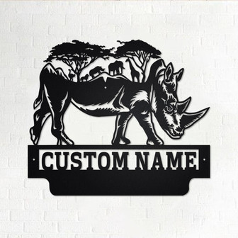 Custom Safari Rhino Metal Wall Art, Personalized Rhino Name Sign Decoration For Room, Rhino Home Decor, Custom Rhino, Rhino Metal Decor - Thegiftio
