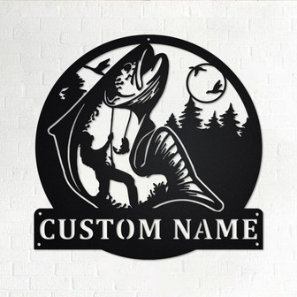 Custom Salmon Fishing Metal Wall Art, Personalized Salmon Fisher Name Sign Decoration For Room, Salmon Fish Metal Home Decor, Custom Fisher - Thegiftio UK