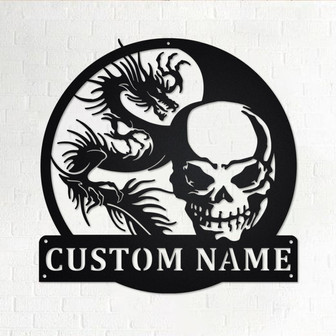 Custom Skull And Dragon Metal Wall Art, Personalized Skull And Dragon Name Sign Decoration For Room, Skull And Dragon Home Decor - Thegiftio UK