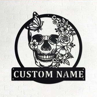 Custom Skull Flower With Butterfly Metal Wall Art, Personalized Skull Name Sign Decoration For Room, Skull Metal Home Decor, Custom Skull - Thegiftio UK