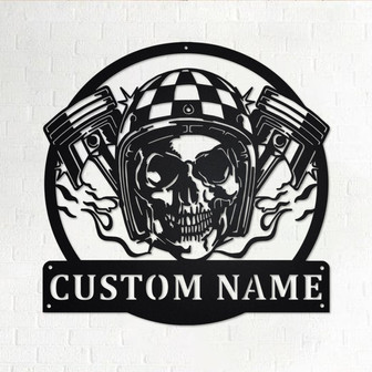 Custom Skull With Piston Biker Metal Wall Art, Personalized Biker Name Sign Decoration For Room, Biker Home Decor, Custom Biker - Thegiftio UK