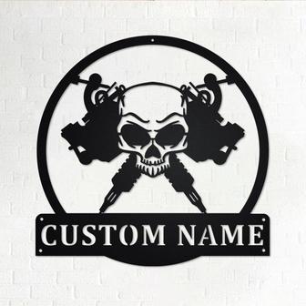 Custom Skull Tattoo Machine Metal Wall Art, Personalized Tattoo Artist Name Sign Decoration For Room, Tattoo MAchine Metal Home Decor, Tatto - Thegiftio UK