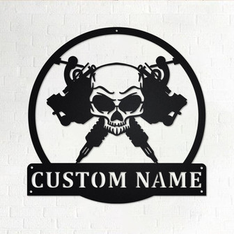 Custom Skull Tattoo Machine Metal Wall Art, Personalized Tattoo Artist Name Sign Decoration For Room, Tattoo MAchine Metal Home Decor, Tatto - Thegiftio UK