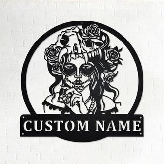 Custom Sugar Skull With Diamond Metal Wall Art, Personalized Sugar Skull Name Sign Decoration For Room, Sugar Skull Metal Home Decor, Skull - Thegiftio UK