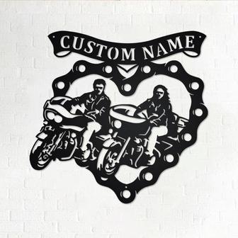 Custom Sweetheart Motorcycle Riding Couple Metal Wall Art, Personalized Motorcycle Name Sign Decoration For Room, Motorcycle Home Decor - Thegiftio UK