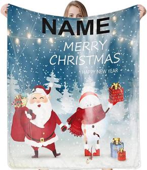 Personalized Name Blanket Custom Fleece Blanket Cute Cheerful Santa Claus And Snowman Funny Size Blanket For Family Dad Mom Son Daughter - Thegiftio UK