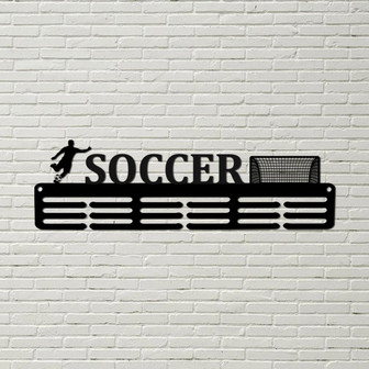 Customized Soccer Sport Medal Hanger Metal sign - 12 Rungs for medals & Ribbons, Show Team Spirit, metal sign wall decor, medal award holder - Thegiftio
