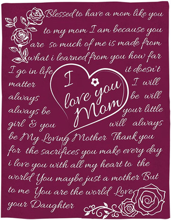 Mothers Day Presents Flannel Fleece Throw Blanket I Love You Mom Gift Soft Cozy Bed Blanket Rose Red Heart Floral Mom Gifts From Daughter Or Son Throw Blanket For Bed Couch - Thegiftio UK