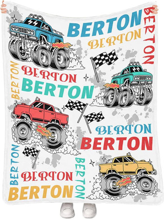 Personalized Baby Name Blanket - Custom Monster Trucks Baby Throw Blanket - Cartoon Trucks Baby Boy Swaddle Blanket, For Toddler Kids Bedding Nursery Blanket - Thegiftio