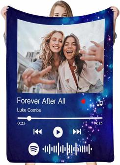 Personalized Friend Blanket With Photo, Custom Bestie Picture Text Blanket Blue With Spotify Code, Customized Music Song Throw Soft Blanket For Sister Mom - Thegiftio