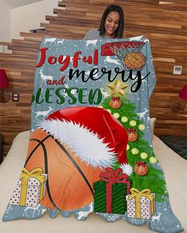Basketball Blankets, Joyful And Blessed Blanket, Basketball santa hat christmas tree blankets, Christmas blankets, Basketball mom, son gifts - Thegiftio UK
