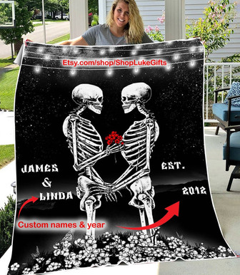 Skull Blanket Custom Name Throw Halloween Skeletons Wedding Personalized Blanket Gothic Cotton Anniversary Gift Till Death Do Us Part decor - Thegiftio