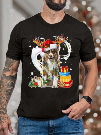 Men Merry Christmas Moose Dog Hat Casual T-shirt - Thegiftio UK