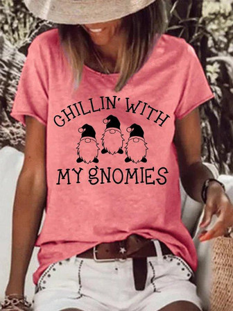 Women's Chillin With My Gnomies Christmas Graphic Print -blend Casual Loose T-shirt - Thegiftio UK