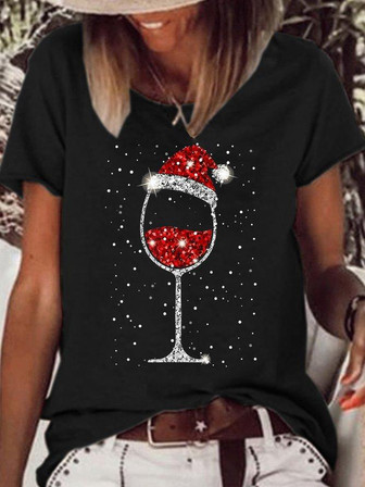 Womens Christmas Wine Glasses Light Bling Print Casual T-shirt - Thegiftio UK