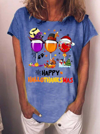 Women's Happy Hallo Thanks Mas Funny Three Red Wine Glasses Christmas Graphic Print Crew Neck Casual T-shirt - Thegiftio UK